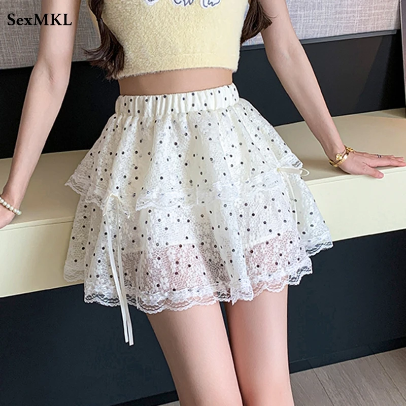 

A Line Ball Gown Dot Lace Mini Skirts Women 2025 Casual Korean Fashion Y2k Clothes high waist Slim Vintage Summer Kawaii Skirt