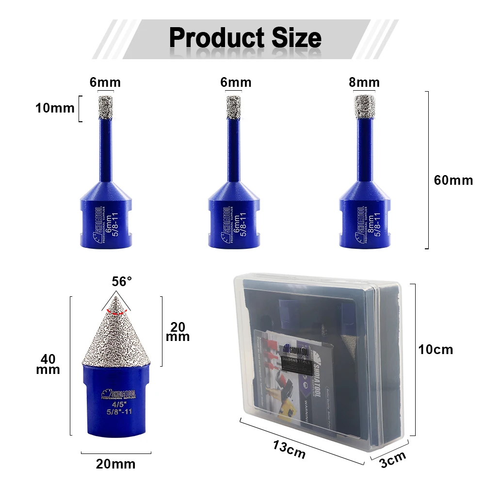 SHDIATOOL Diamond Drill Bit 4pcs/kit Dia 6/6/8mm Core Bits+20mm Chamfer Bit Tile Granite Marble 5/8