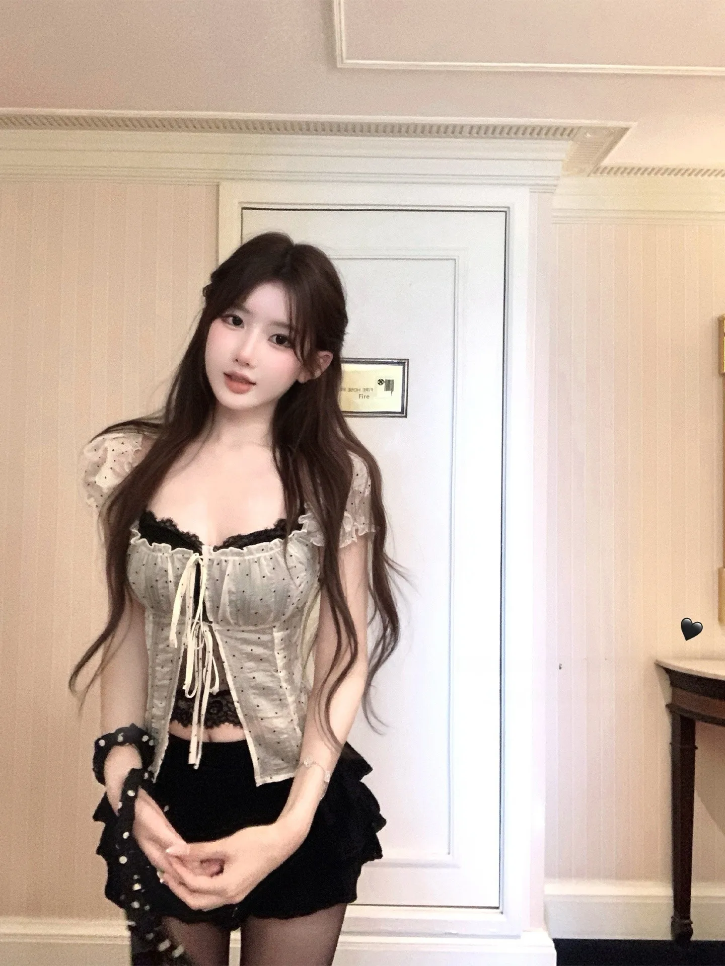 

Bigking Polka Dot Bubble Sve Ribbon Ne Lace ort irt Women's Faion Slim Fit Summer Casual Chinese Made Top Set