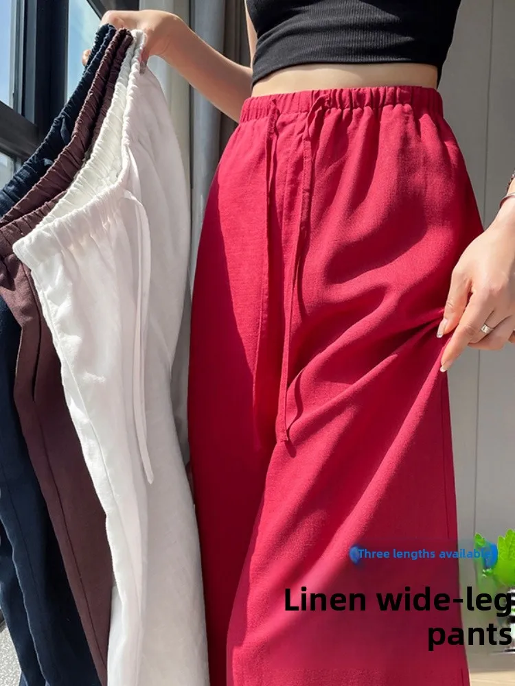 

Ankela Red Silk Linen Cotton Wide Leg Pants Women Summer Thin High Waist Straight Cut Trousers Commute Style Korean Fashion