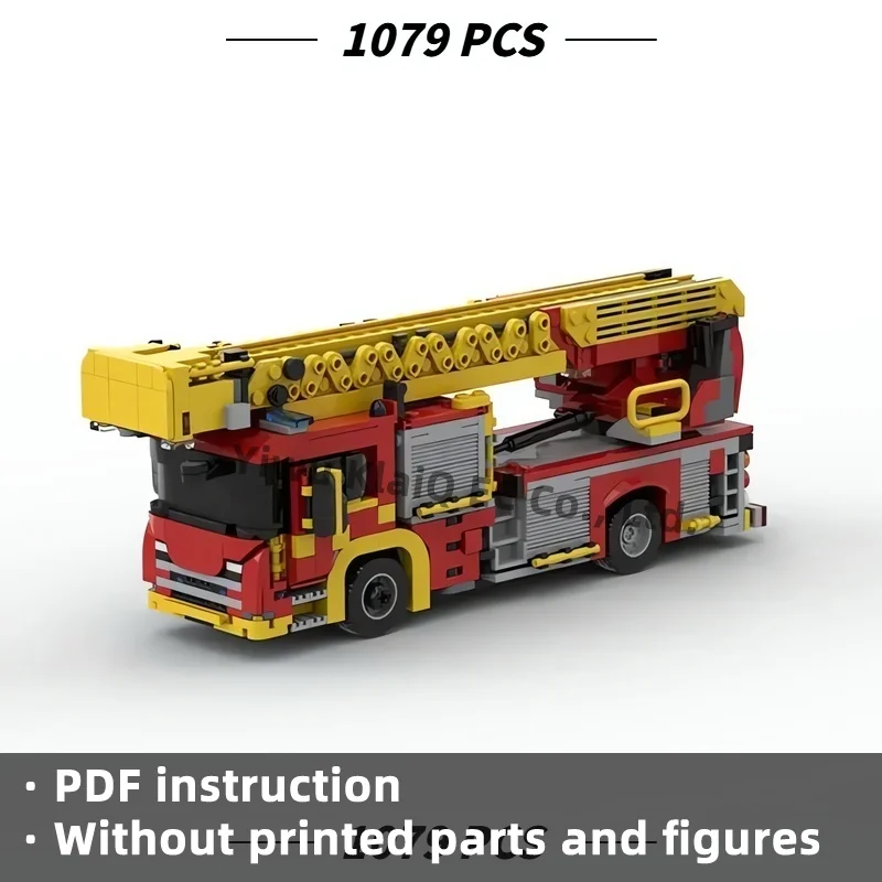 MOC Emergency Aerial Turntable Ladder Fire Truck Building Blocks 1079Pcs, Heavy Rescue Engine Vehicle Bricks