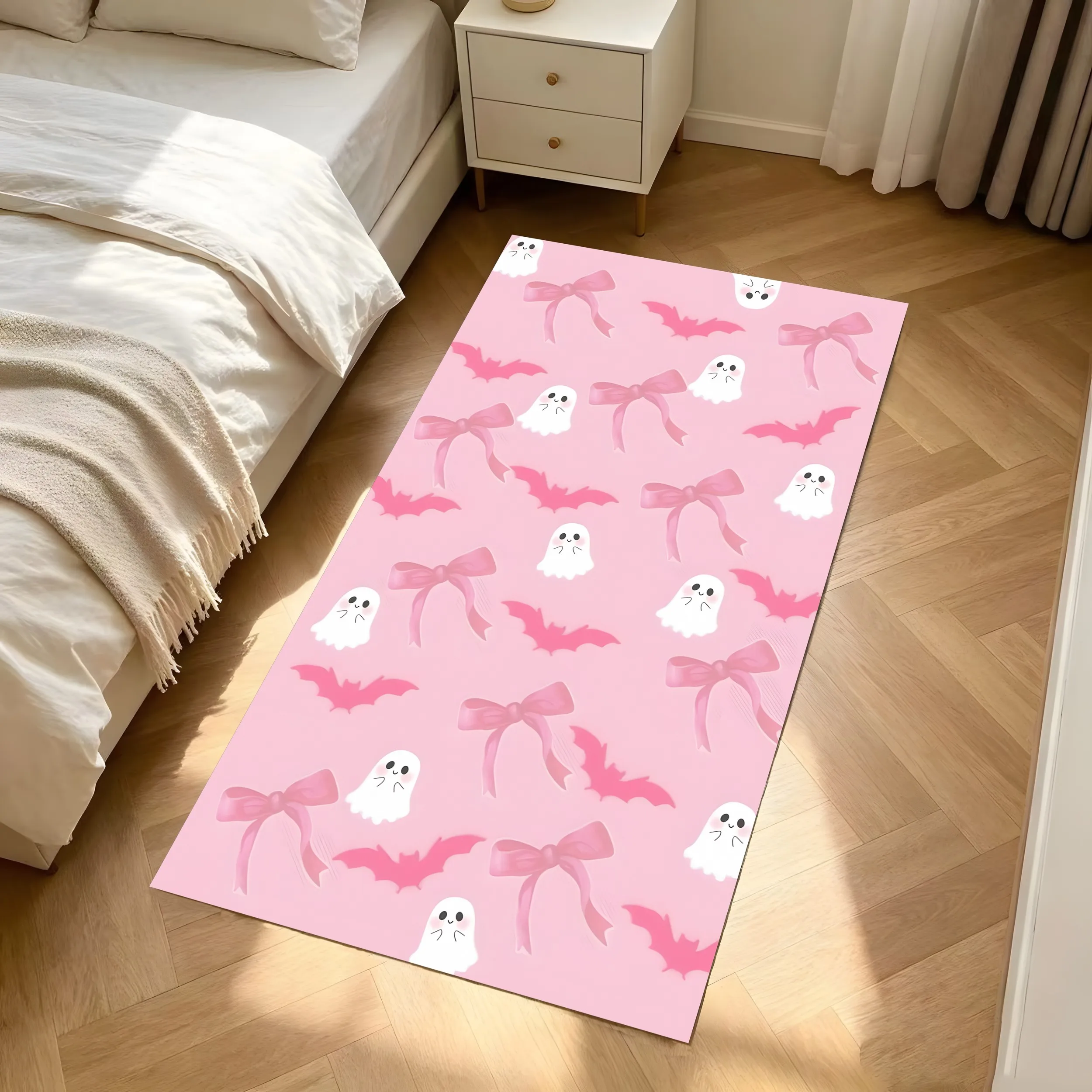2D Carpet Cute Ghost Bow Bat Print Sweet Cool Girl Style Pink Eye Catching Halloween Themed Quirky Festive Atmosphere