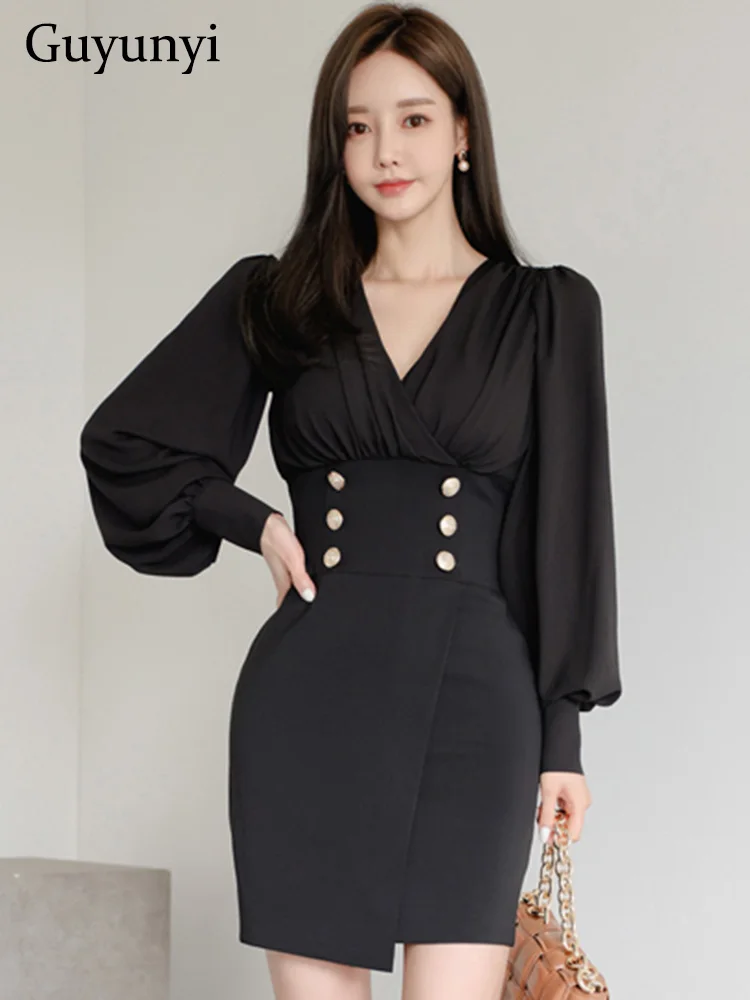 Career Office Lady Dress Black White V-Neck Lantern Sleeve High Waist Double Row Decorative Buckle Tight Fit Elegant Party Dress