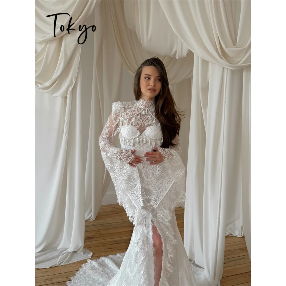 Tokyo Floral Lace Bell Sleeves Wedding Dress High Neck Corset Bodice Mermaid Gown High Slit Sexy Sheer Bridal Reception 2026