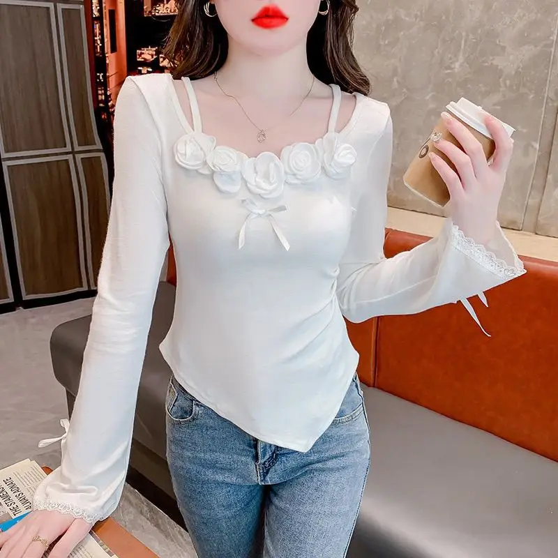 French Style Three-dimensional Flower Long Sleeved T-shirt for Women Irregular Short Style with Inner Lining Slim Fit Flared