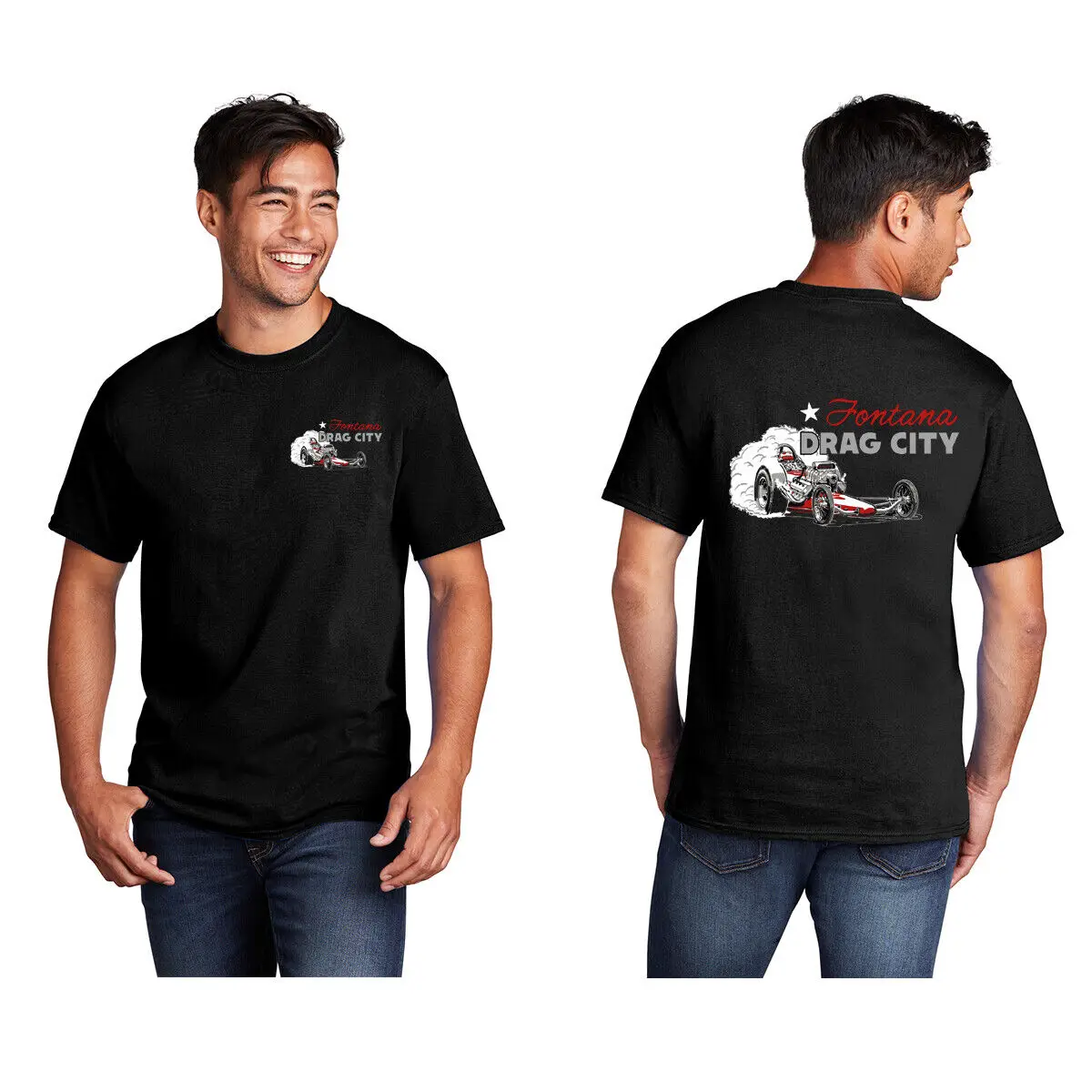 

FONTANA DRAG CITY VINTAGE STYLE DRAG RACING HOT ROD WHITE OR BLACK T-SHIRT