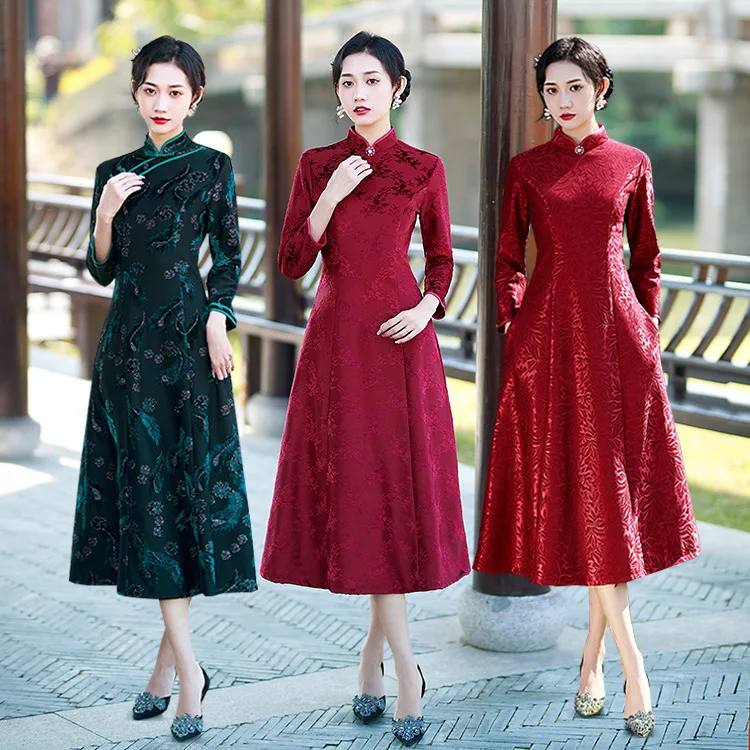 

Women Cheongsam Oriental Style Long Sleeve Hemline Skirt Elegant Fairy Retro Dress Qipao Improved Chinese Traditional Costume