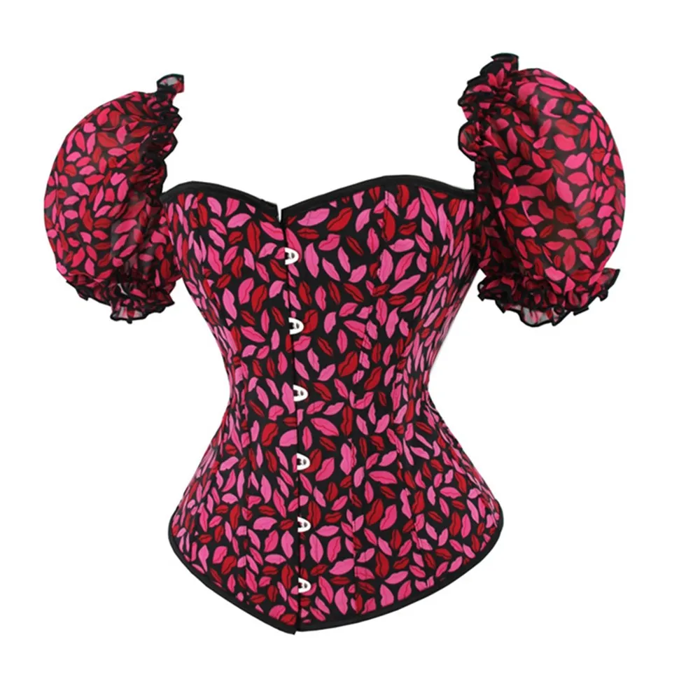 Sexy Gothic Ruffle Lip Print Victorian Corset Waist Trainer Body Shaper Slim Lingerie Overbust Burlesque Strap Bustier Corselet