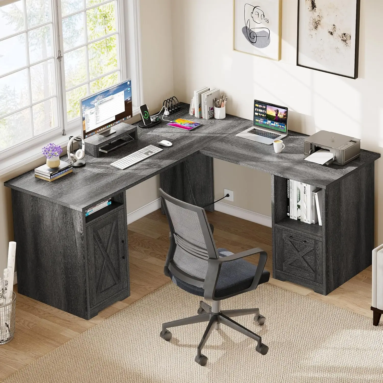 

L Shaped Desk with Power Outlets, 60 Inch Computer Corner with File Drawer, Home Office with Monitor Stand