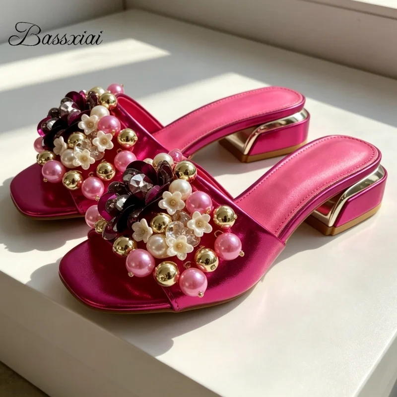 

Sexy Beads Flower Decor Slippers Women Square Open Toe Slingbacks Party Shoes Summer For Girls