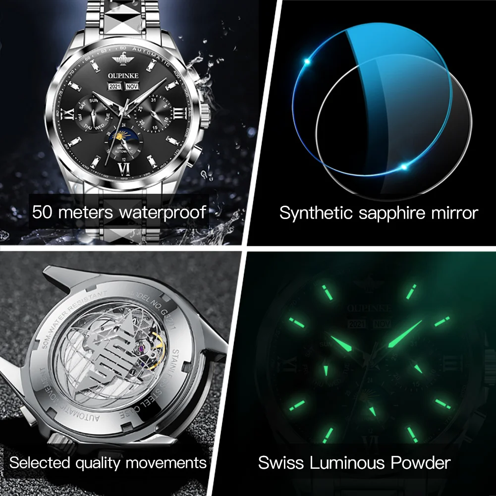 OUPINKE Moon Phase Fully Automatic Mechanical Watch for Men Tungsten Steel Strap Waterproof Luminous Calendar Men's Wristwatches