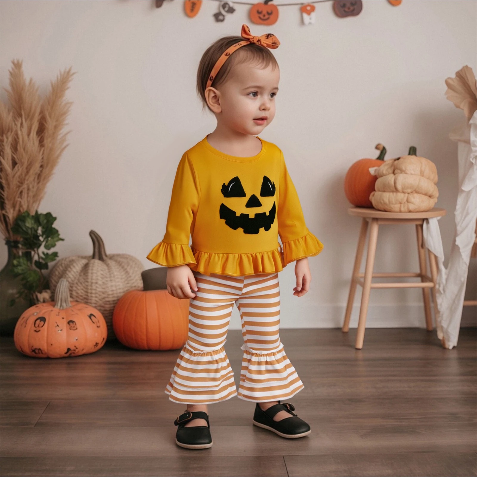 FOCUSNORM 2 ألوان الرضع طفل الفتيات هالوين الملابس مجموعة شبح التطريز كم طويل البلوز القمم مع مخطط مضيئة السراويل #6