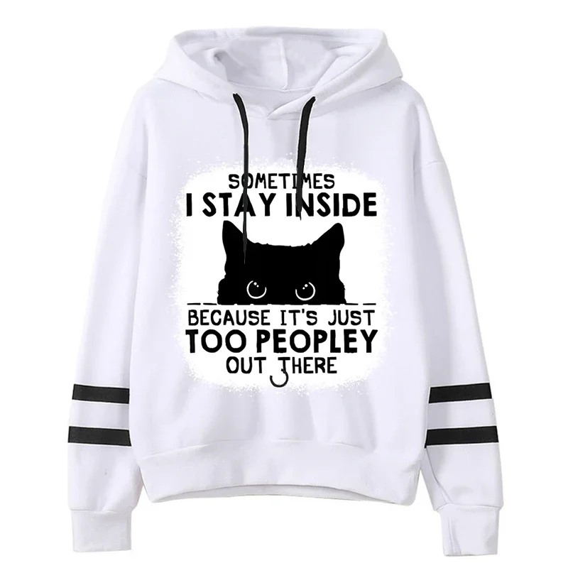 Letter I Stay Inside Too People There Graphic Cat Hoodies Girl Pullover Sweater Casual Long Sleeves Shy Cat Female Season Hoody