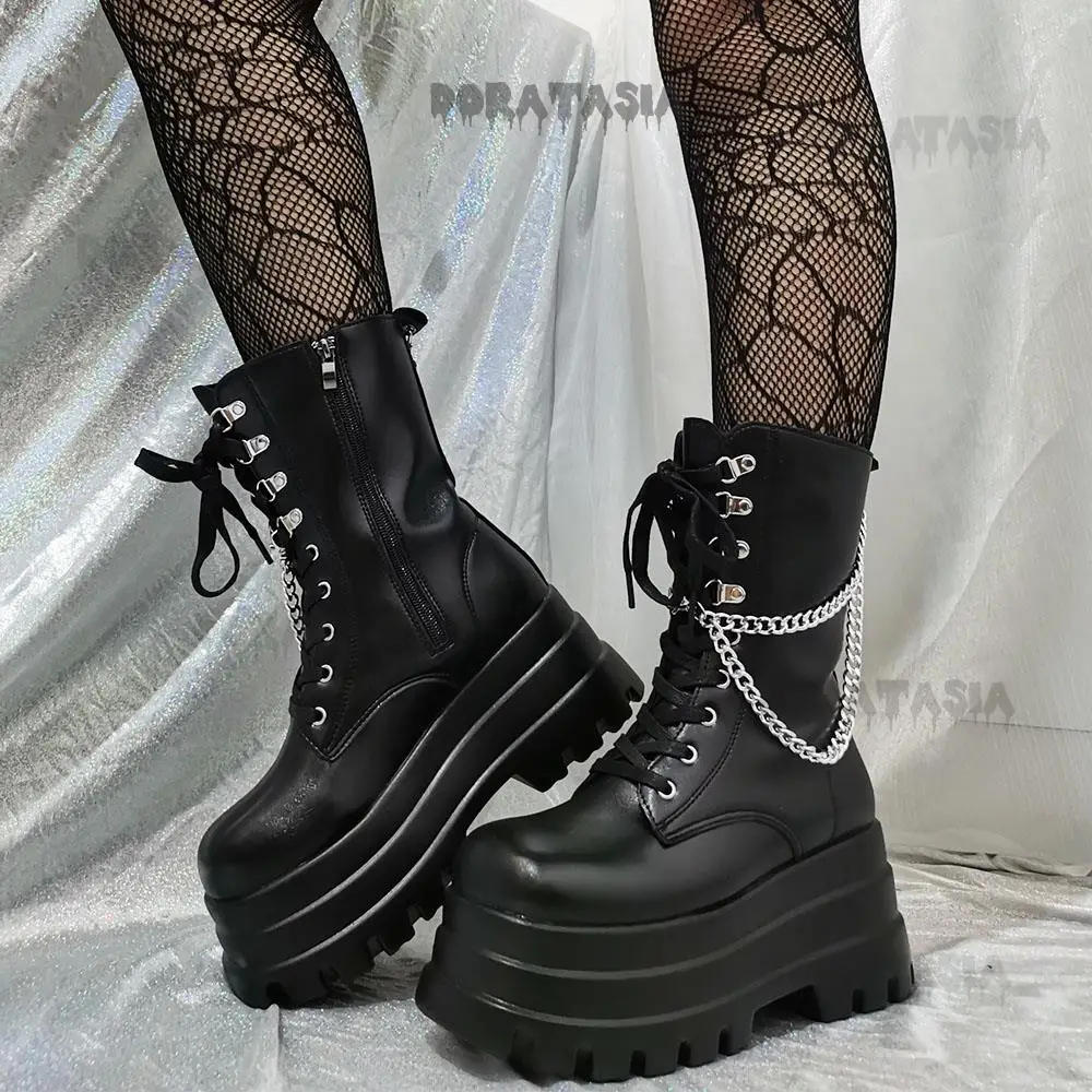 Punk Cool Girl Retro Women Boots High Heeled Thick Bottom Chain Goth Ankle Boots Casual Comfy Vintage Winter Shoes For Woman