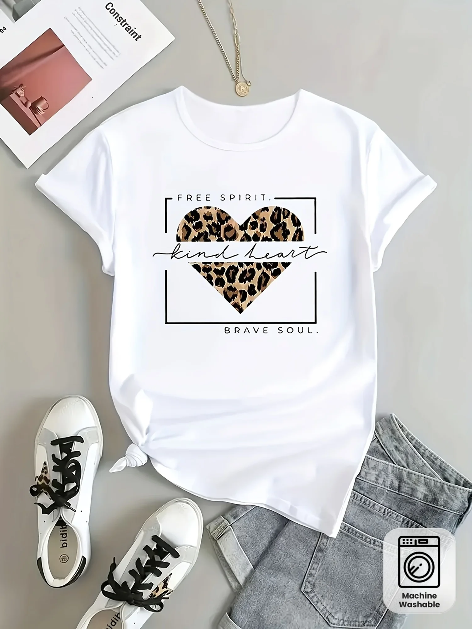 Women's White T-shirt, Soft Round-neck Short-sleeve Top, With Inspirational Quotes, Suitable For Everyday Casual And Party Wear, Machine Washable Street-style Shirt, Bold Leopard Print Design, Comfortable Fit