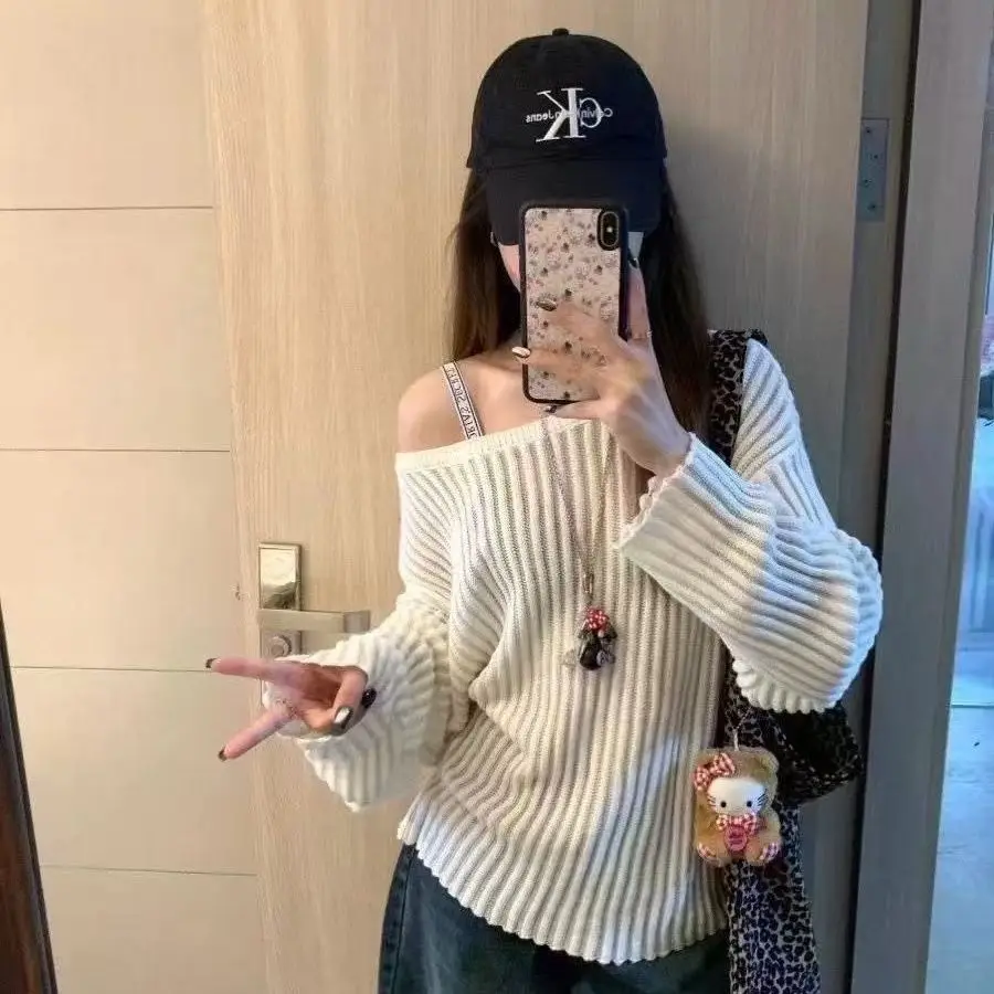 

Выдалбливают вязаный полосатый свитер с разрезом на шее, женский свитер оверсайз, осень-зима, женские пуловеры с длинными рукавами, ленивый стиль, блузка, свитер