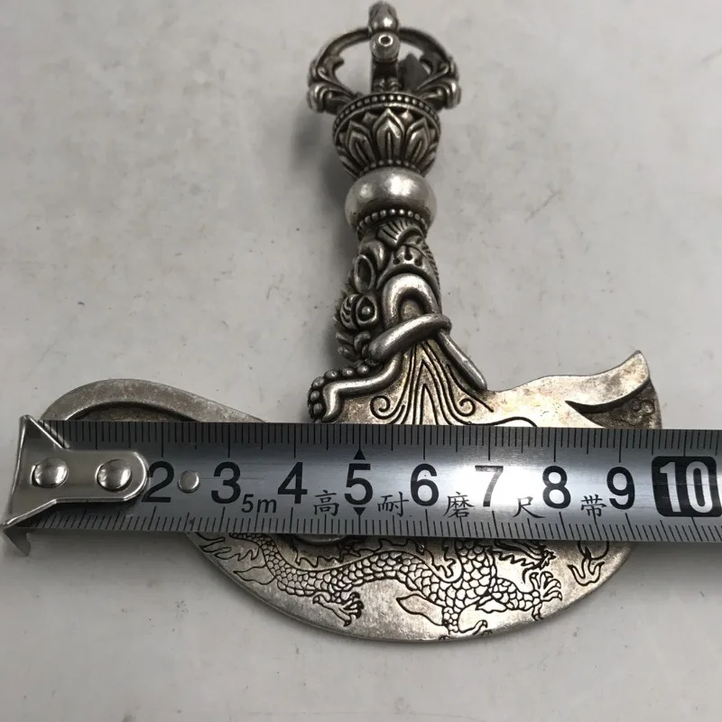 Antique Silver Metal Dragon Pattern Axe Sculpture Retro Lotus Handle Craft Ornament Oriental Desktop Decor Gift