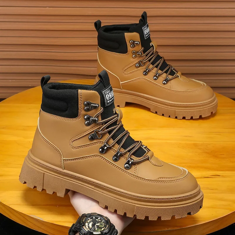 

New winter high top men's cotton boots, fashionable leather work boots versatile men's shoes
