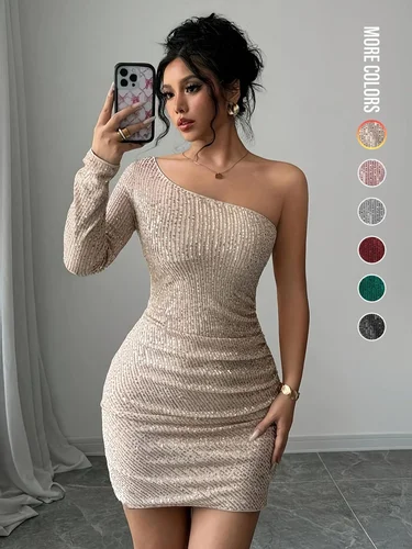 Vestido ajustado con lentejuelas y hombros descubiertos para mujer, vestido corto elegante a la moda para fiesta, club, citas, vestido de mujer para todas las estaciones