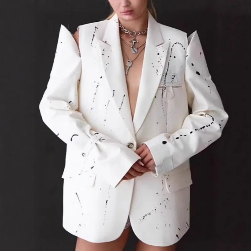 Hollow Out Off Shoulder Coat Woman White Loose V-neck Graffiti Single Breasted Spliced Jacket Street Commute Women's Suit Coats