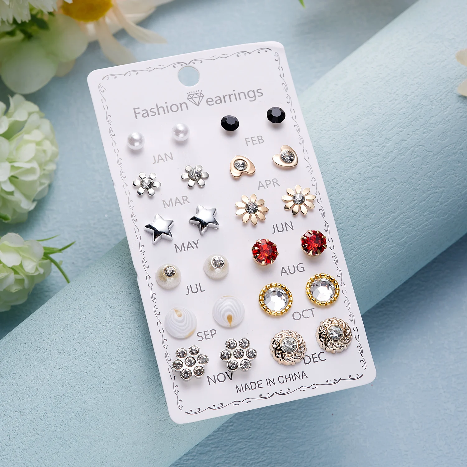 12 Pairs/set Crystal Simulated Pearl Stud Earring Sets For Women Shiny Rhinestone Flower Moon Star Metal Earring Mixed Jewelry