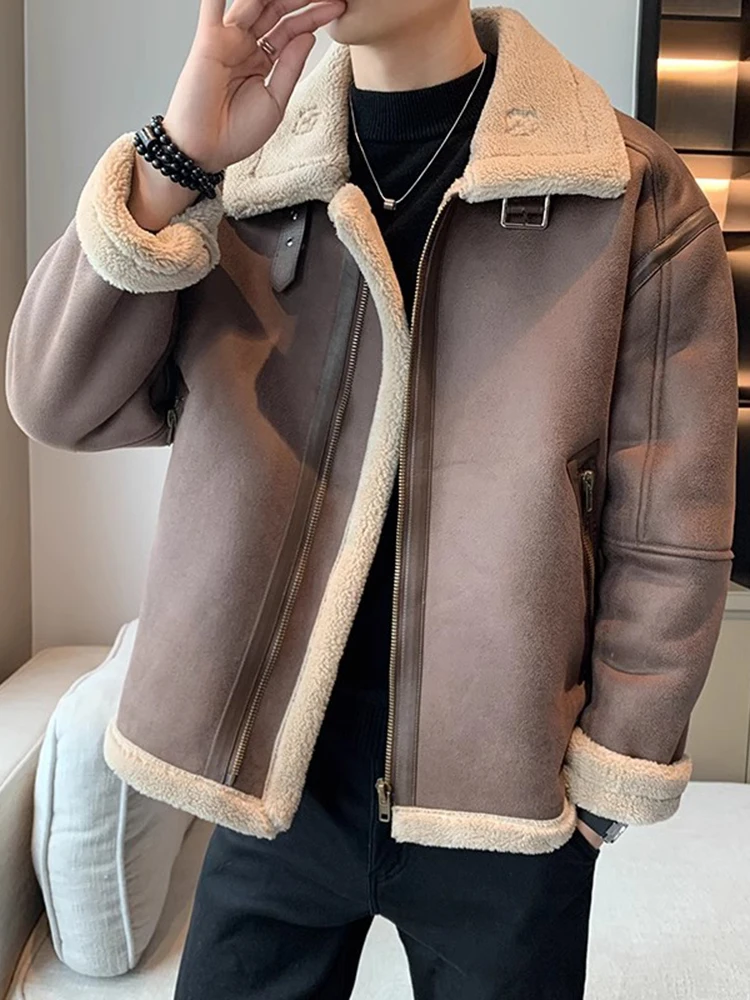 

Men's Winter Thiened Fce Lined Lamb Velvet Jaet Leather Fur Inteated Retro American Workwear Coat Warm Casual Sle