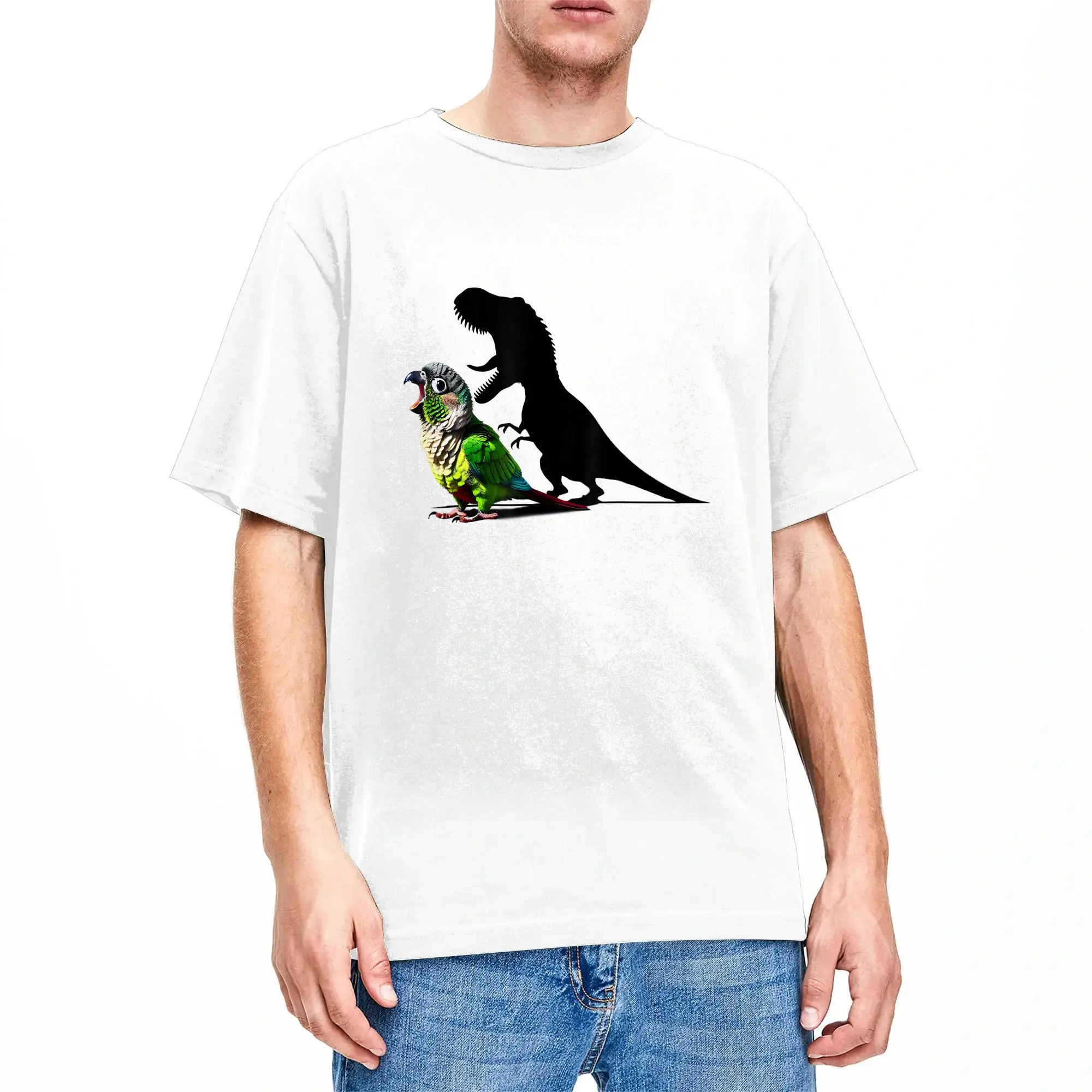 Funny Screaming Green Cheek Conure Parrot Dinosaur Meme T-Shirt Beach Harajuku T Shirts Men Cotton O Neck Plus Size 5XL Clothing