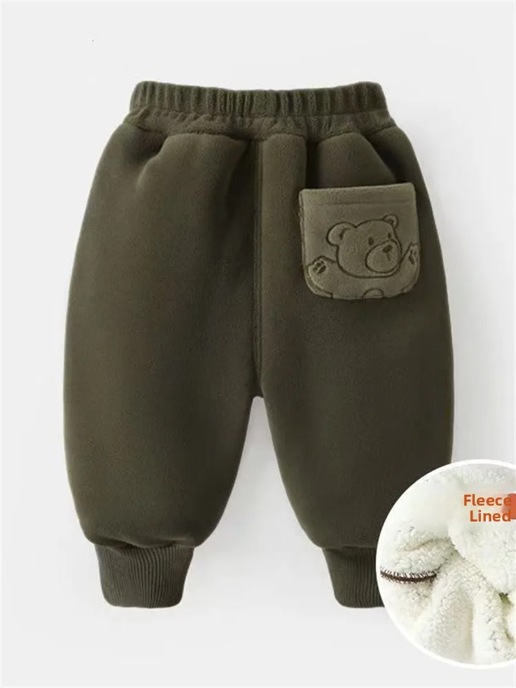 بنطلون ثينيد فيس طويل للأولاد الصغار، ملابس شتوية، بنطلون مخملي بقصة واسعة من الأسفل، بنطلون قطني دافئ بخصر مطاطي