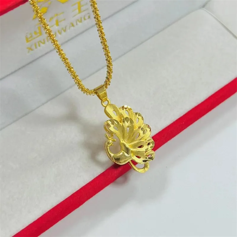 Luxury 24K 9999 Pure Gold real gold Women's Peacock Open Screen Pendant Necklace