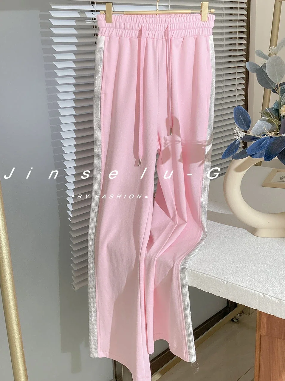 Fashion High Waist Rhinestone Pink Straight-Leg Pants Women 2023 Autumn Korean Style Loose Cotton Elastic Waist Wide Leg Pants