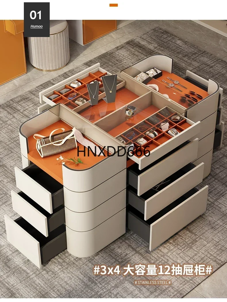 خزانة ملابس فاخرة خفيفة للجزيرة الوسطى خزانة عرض مجوهرات خزانة متعددة الوظائف خزانة تخزين من الجلد الصلب #6