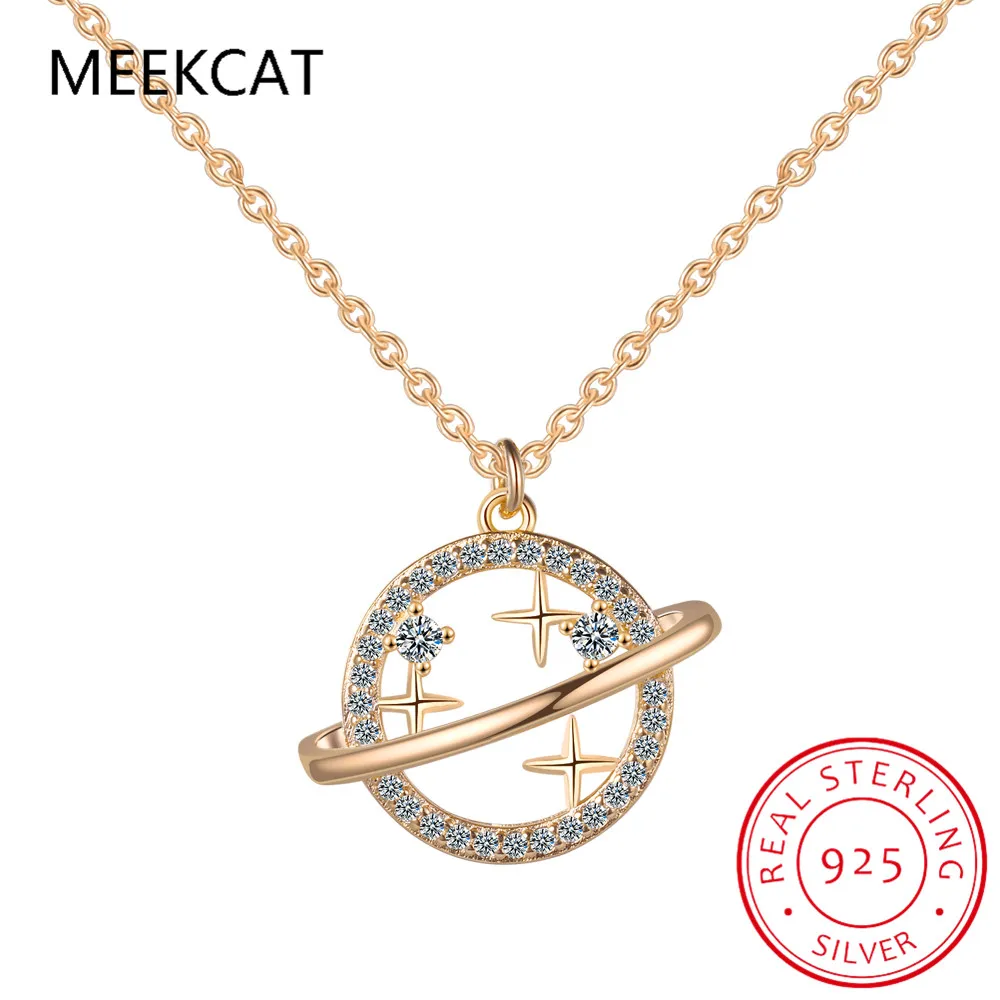 925 Sterling Silver Simple Diamond Gold Planet Pendant Necklace Women Fashion Wedding Party Jewelry Accessories Colar de Prata