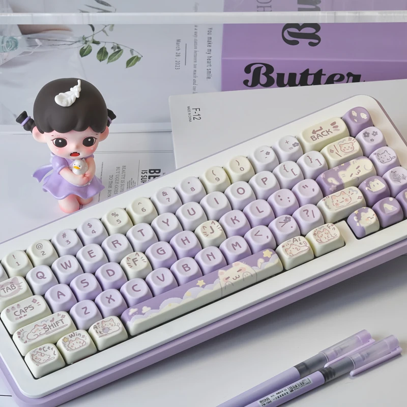

132 Keys Taro Paste Kitten Key Cap PBT MOA Profile Double Shot Keycap Thermal Sublimation Mechanical Keyboard for Customization