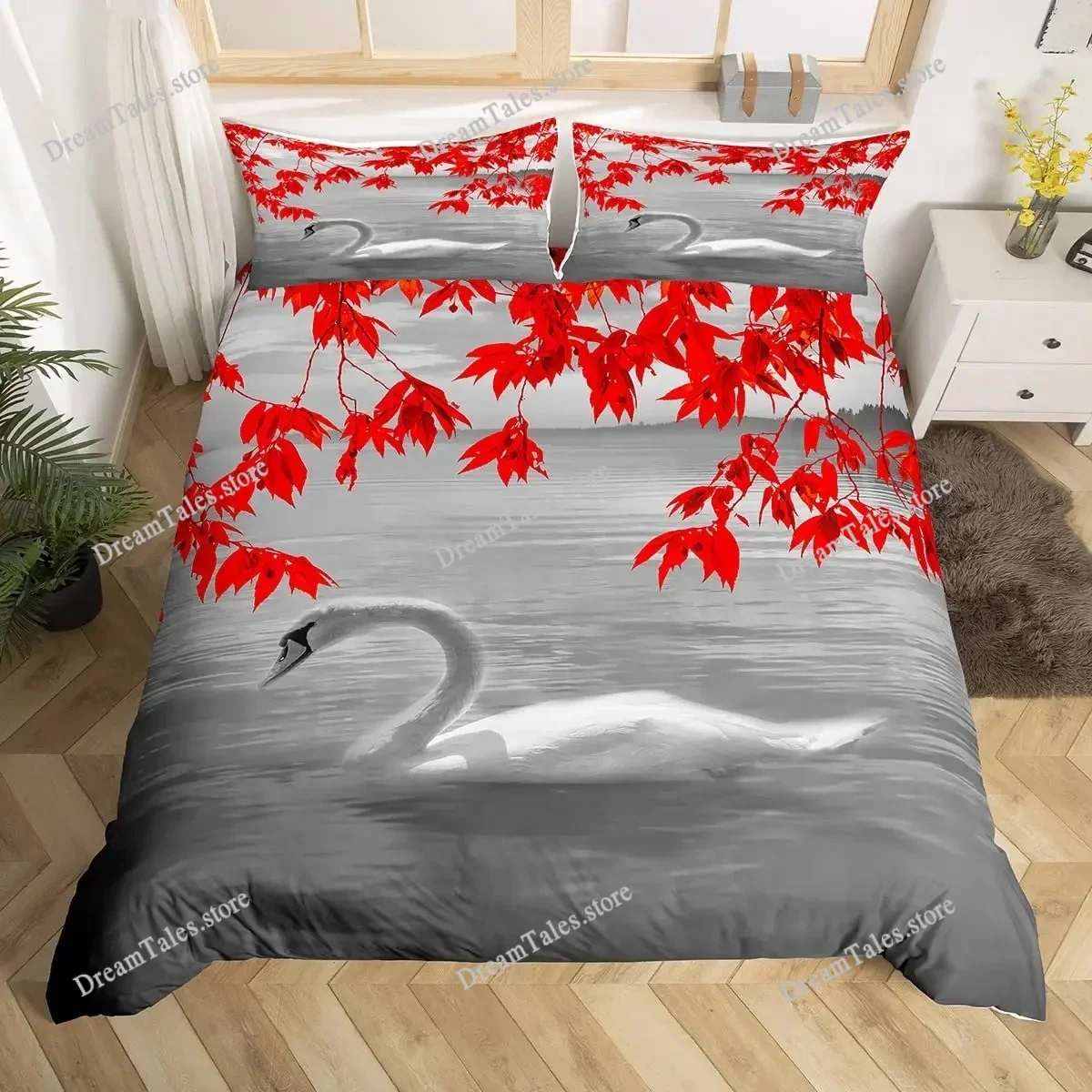 Romantic Swan Duvet Cover Set King Wild Animal Comforter Cover Butterfly Floral Bedding Set for Valentine's Day Wedding Decor