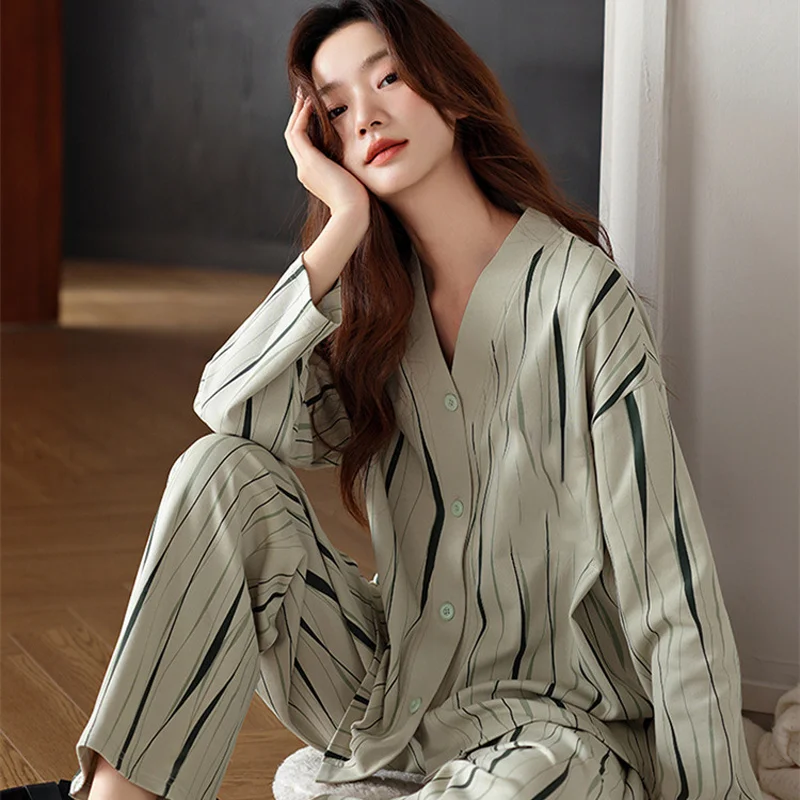 New Ladies Pajamas Homewear Suit Female Cardigan Spring and Autumn Models Long-Sleeved Cute Girl Models Ins Casual Homewear