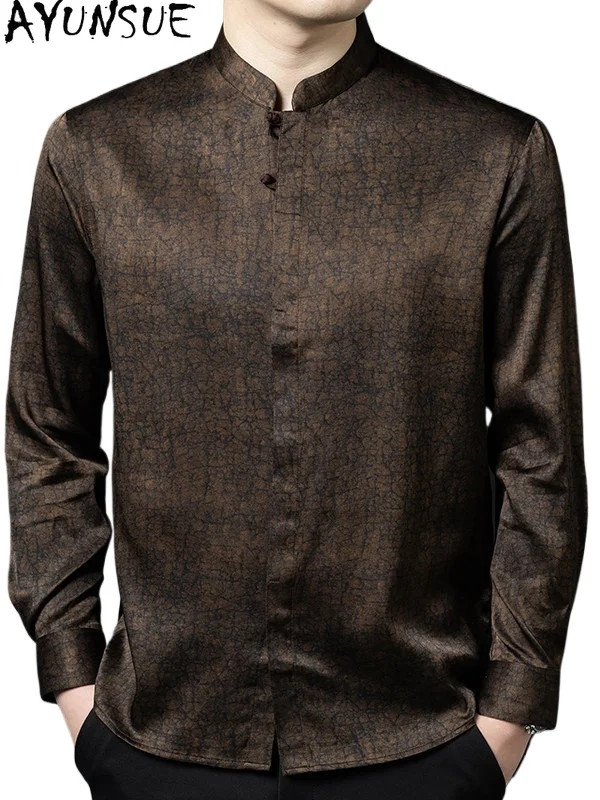 

AYUNSUE Элитная мужская рубашка из 90,8% натурального шелка тутового шелкопряда, коллекция 2026, повседневная атласная рубашка с длинным рукавом, воротник-стойка, сорочка