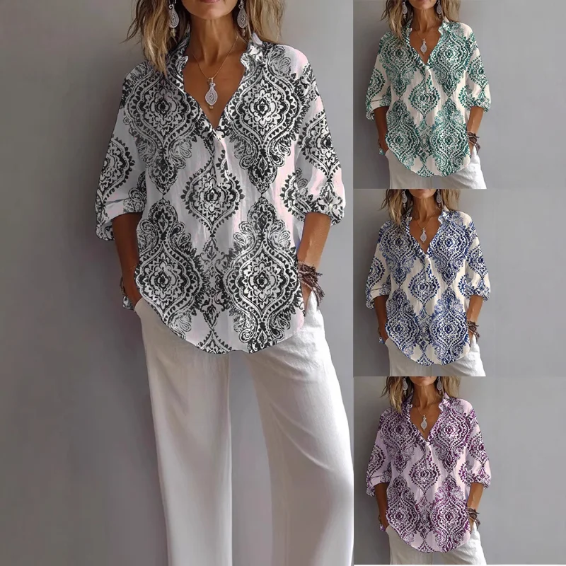 2025 nueva camisa informal con estampado Digital Regular y cuello levantado de tubo de puerta de manga larga para mujer