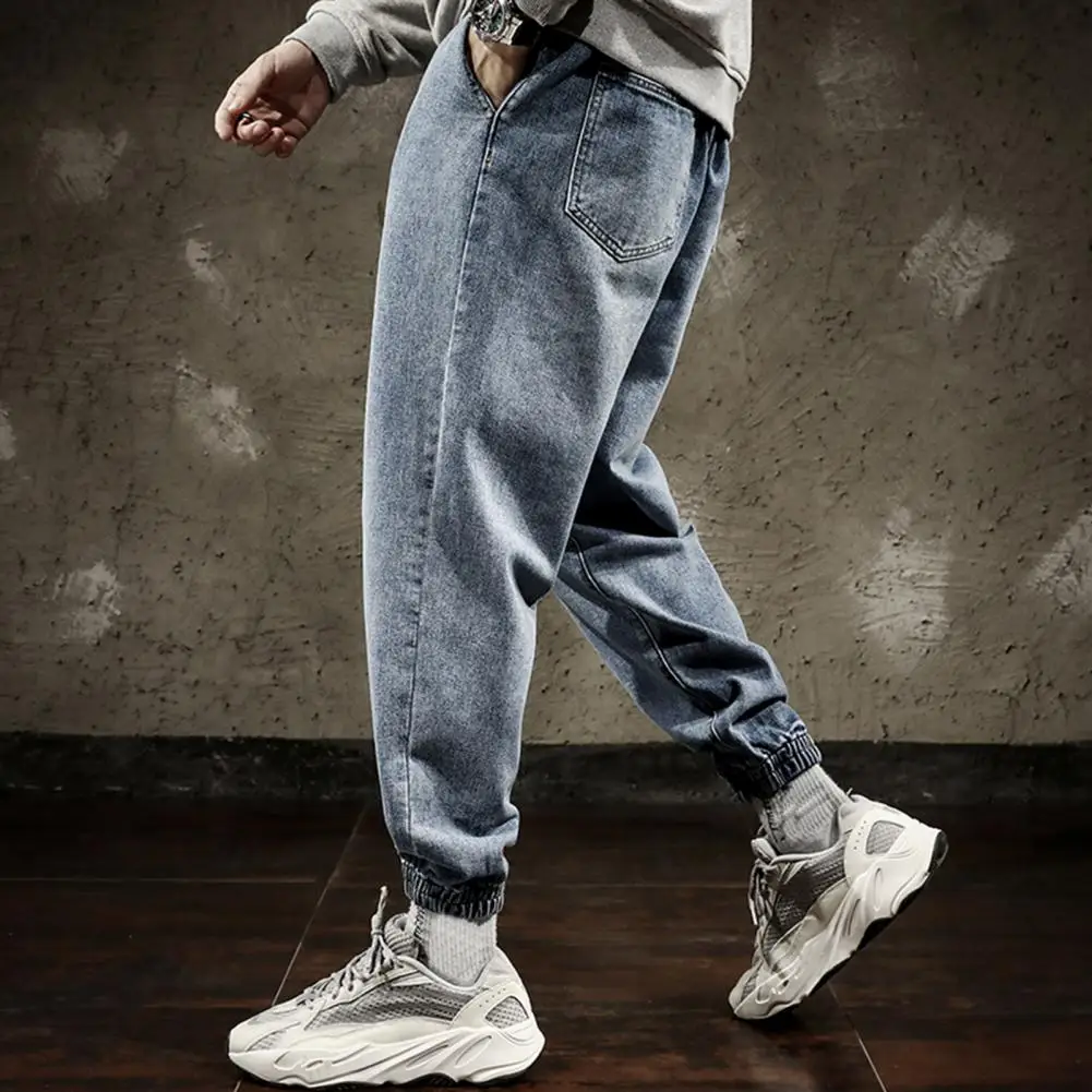 2024 New Men's Fashion Jeans Korean Style Solid Color Loose Shrinkable Cuffs Leg Casual Denim Long Pants Classic Style Male