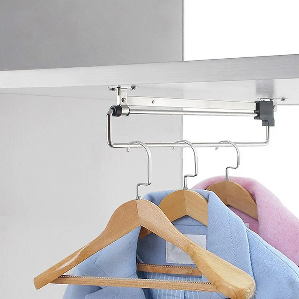 Metal Wardrobe Hanging Rod Pull Out Easy Install Hanging Clothes Rail Horizontal Use Multi-functional Retractable Closet Hangers