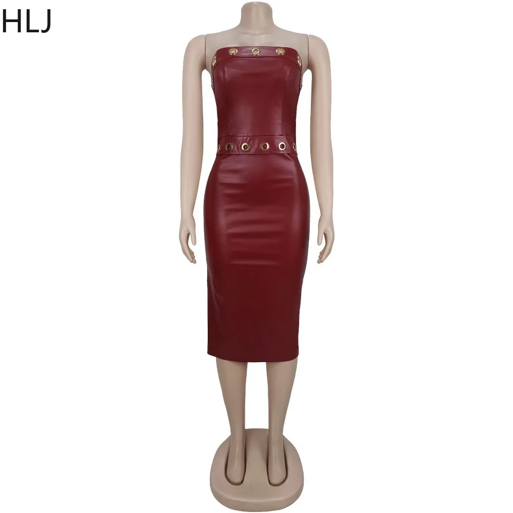 HLJ Sexy Leather Patchwork Bodycon Long Dresses Women Solid color hole Sleeveless backless Dress female streetwear Vestidos 2025