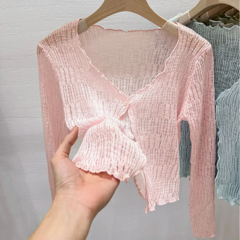 OCEANLOVE Sunscreen Short Cardigans Solid Transparent Solid Spring Summer Ruffles Women Sweaters Korean Fashion V Neck Knitwears