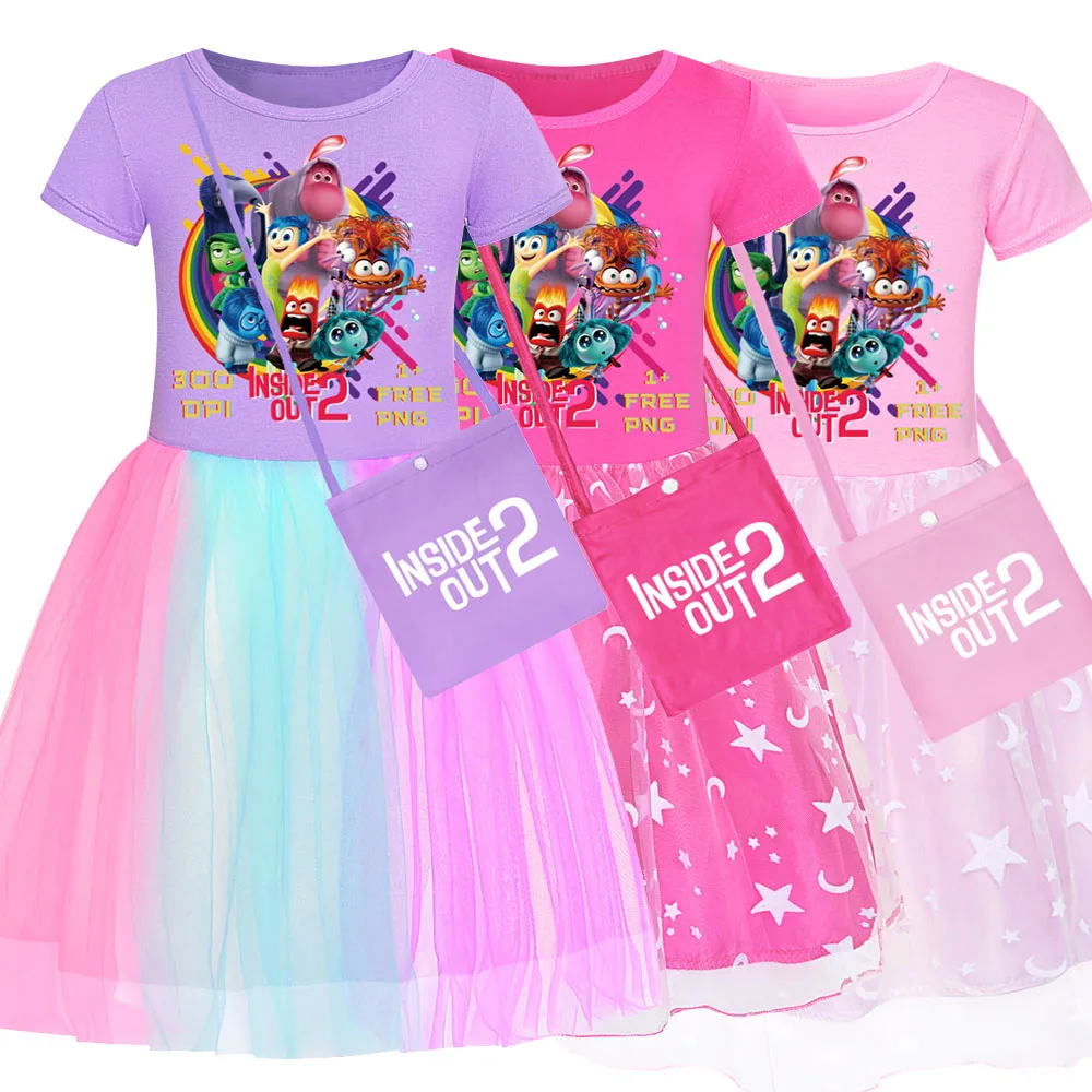 Summer Inside Out 2 Kids Clothes Girls Cartoon Disgust Joy Party Dresses Girl Princess Vestidos Sunshine Sexy Lace Trimmed Dress