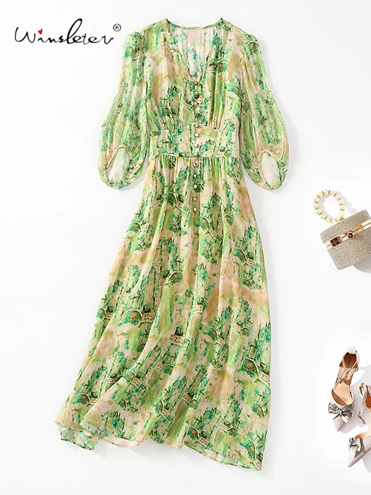 

Winsleter-Women's 100%Real Silk Elegant Dress, V Neck Half Sleeve Print, Versatile Commute Party Dresses, 2025 Summer D55613CC