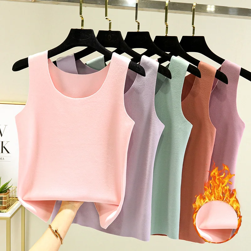 Self-Heating Women's Vest Winter Inner Wear Fleece Lined Thick Cotton Top Versatile plus Size Pure Color Slim Fit July Deer