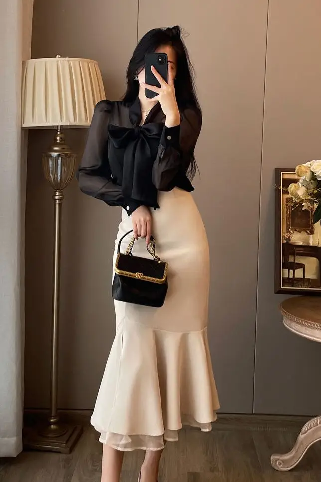

​​Power Diva Satin Set 2025 Bow Front Mermaid Skirt Co Ord French Luxe Minimalist Separates​​