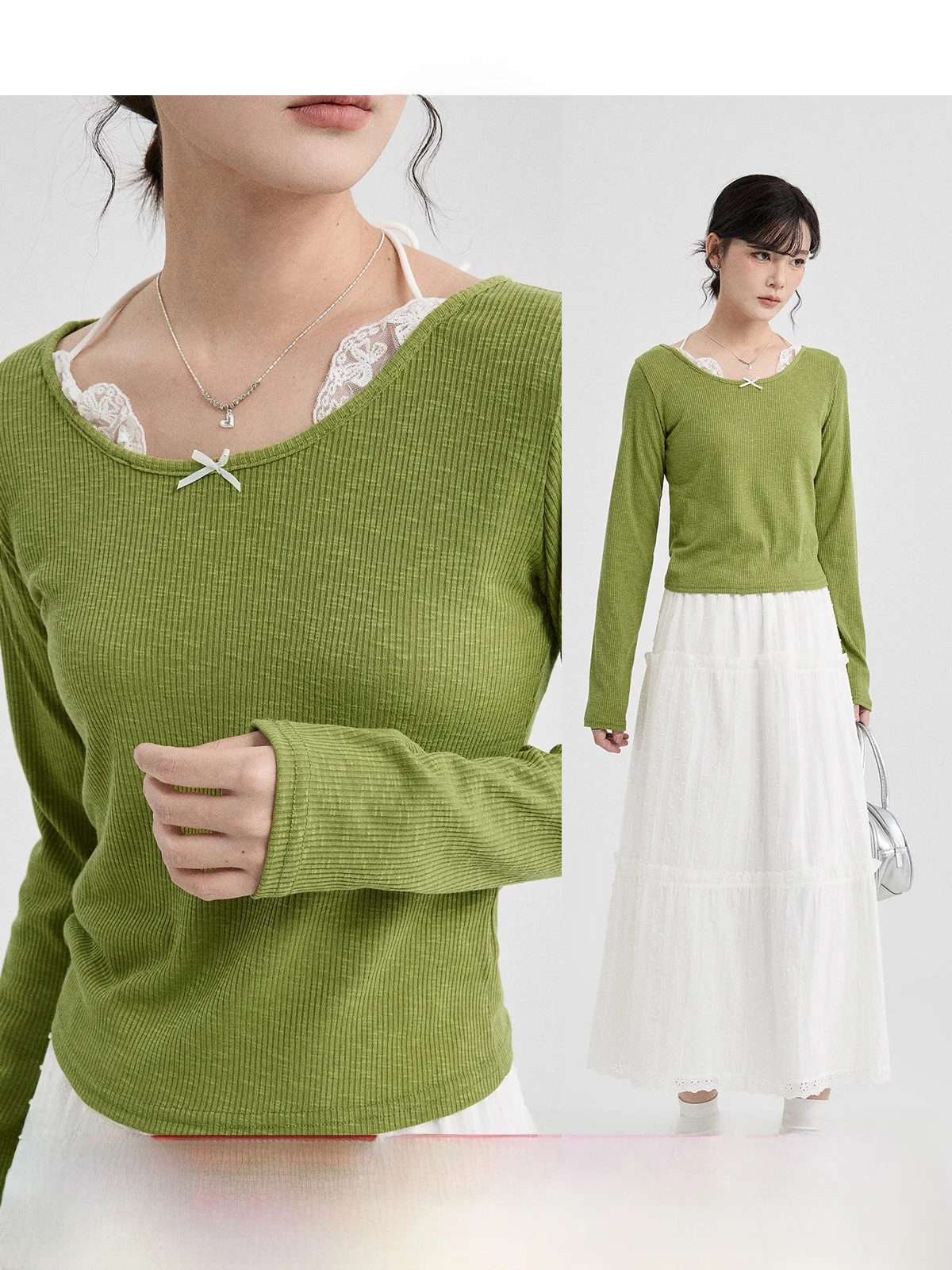 

Guier Lace Patchwork Knitted Top Women's Short Style Spring New Arrival Slimming Fake Two-Piece round Neck Long Sleeve Knitwear