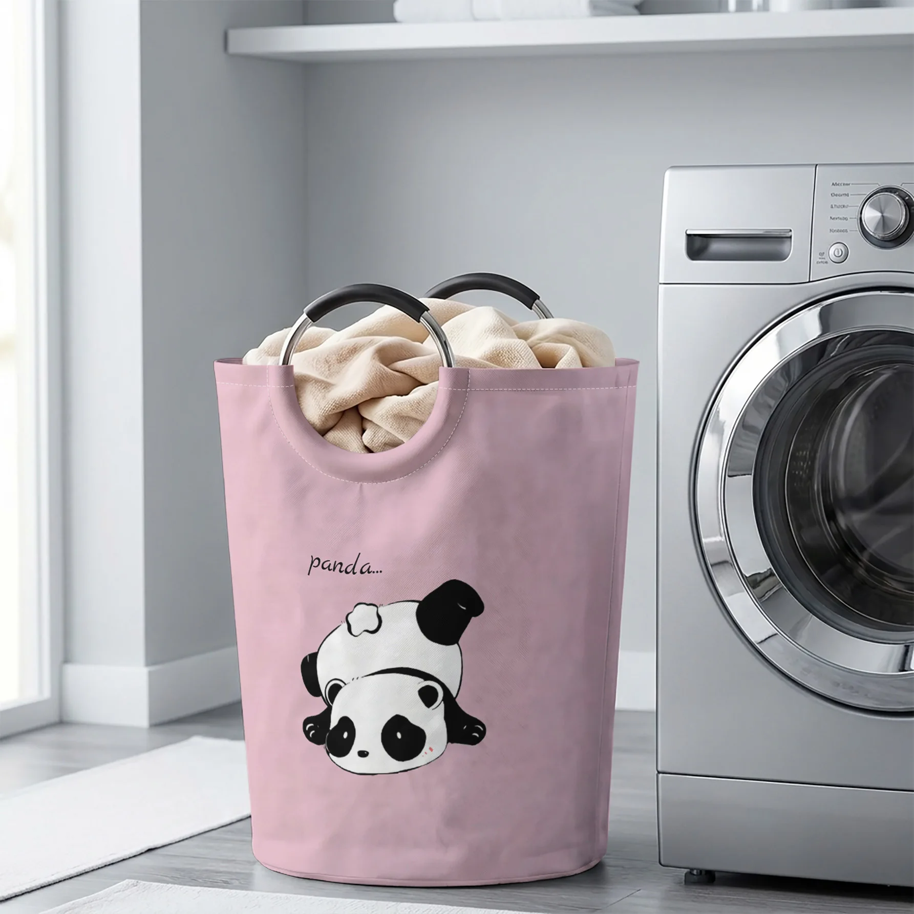 Cute Playful Panda Print Handheld Storage Basket On Light Pink Background, For Laundry, Bedroom & Home Sundries Storage