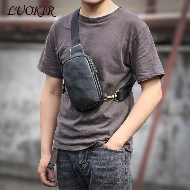 LUOKIR Men's Genuine Leather Chest Bag Cowhide Crossbody Simple Outdoor Small Backpack Casual Fashion Shoulder Sling Bags