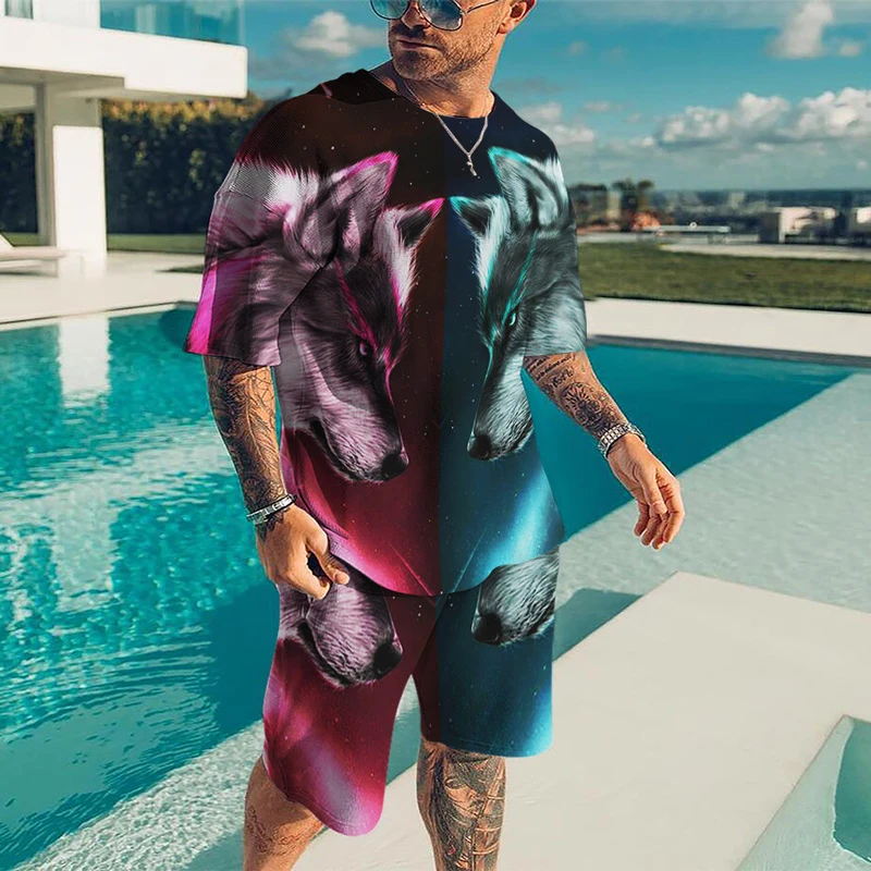 Mens Tracksuit Wolf + Lion Sets Sports Jogging T Shirt 3D Printed O-Neck Suits Fashion Casual Breathable Outfits Summer Tee 2023