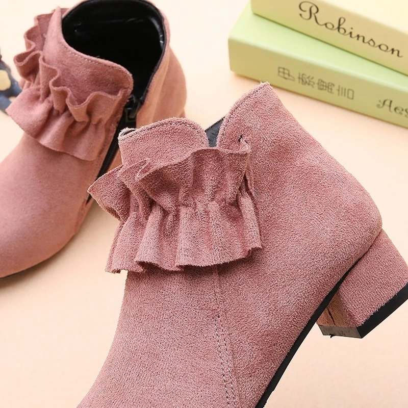 

Fashion Kids Shoes Girls Princess Boots Draped Solid Autumn Winter Suede Low Heels Short Ankle Children Boots for Big Girl 27-37